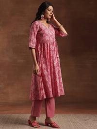 Pink Printed Silk Blend Anarkali Suit with Dupatta