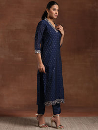 Blue Self Design Silk Blend Straight Suit with Dupatta