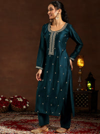 Teal Embroidered Silk Blend Straight Suit with Dupatta