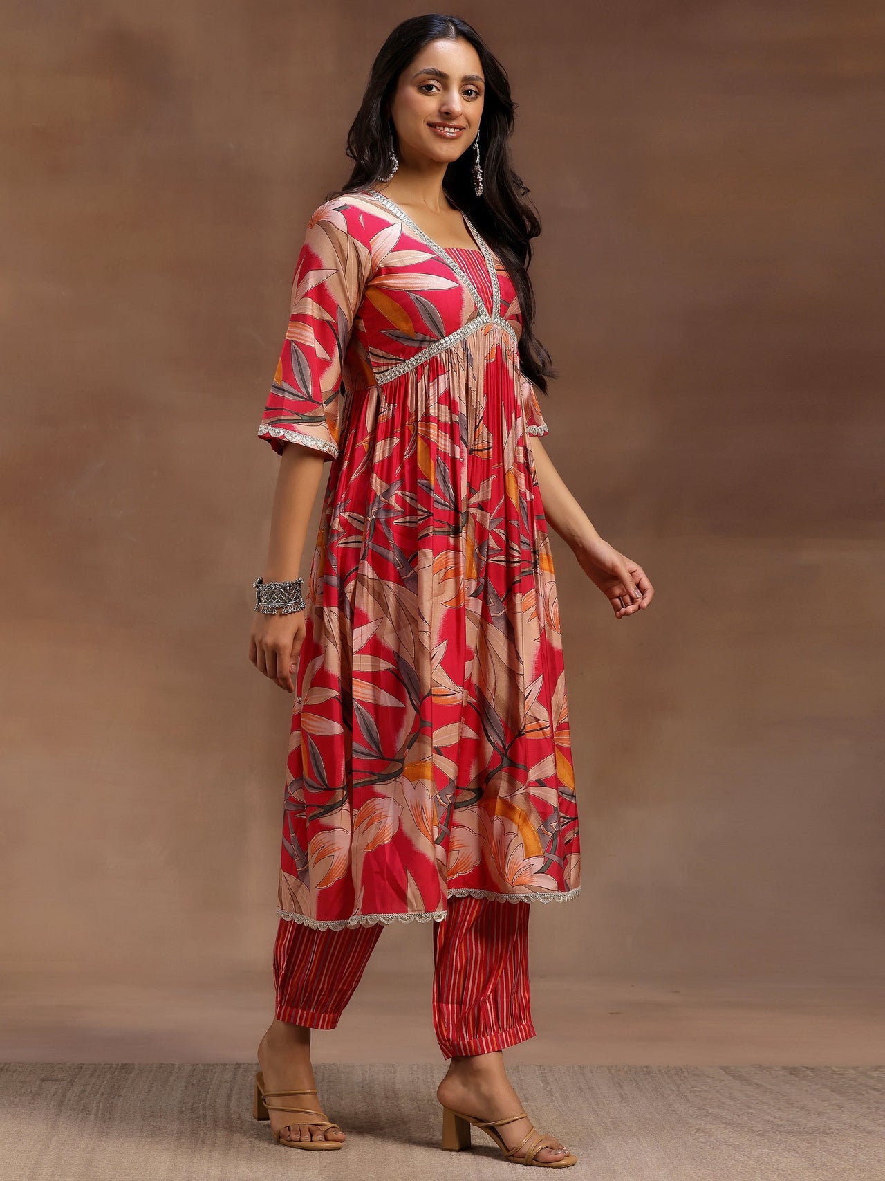 Pink Printed Silk Blend A-Line Kurta with Salwar & Dupatta