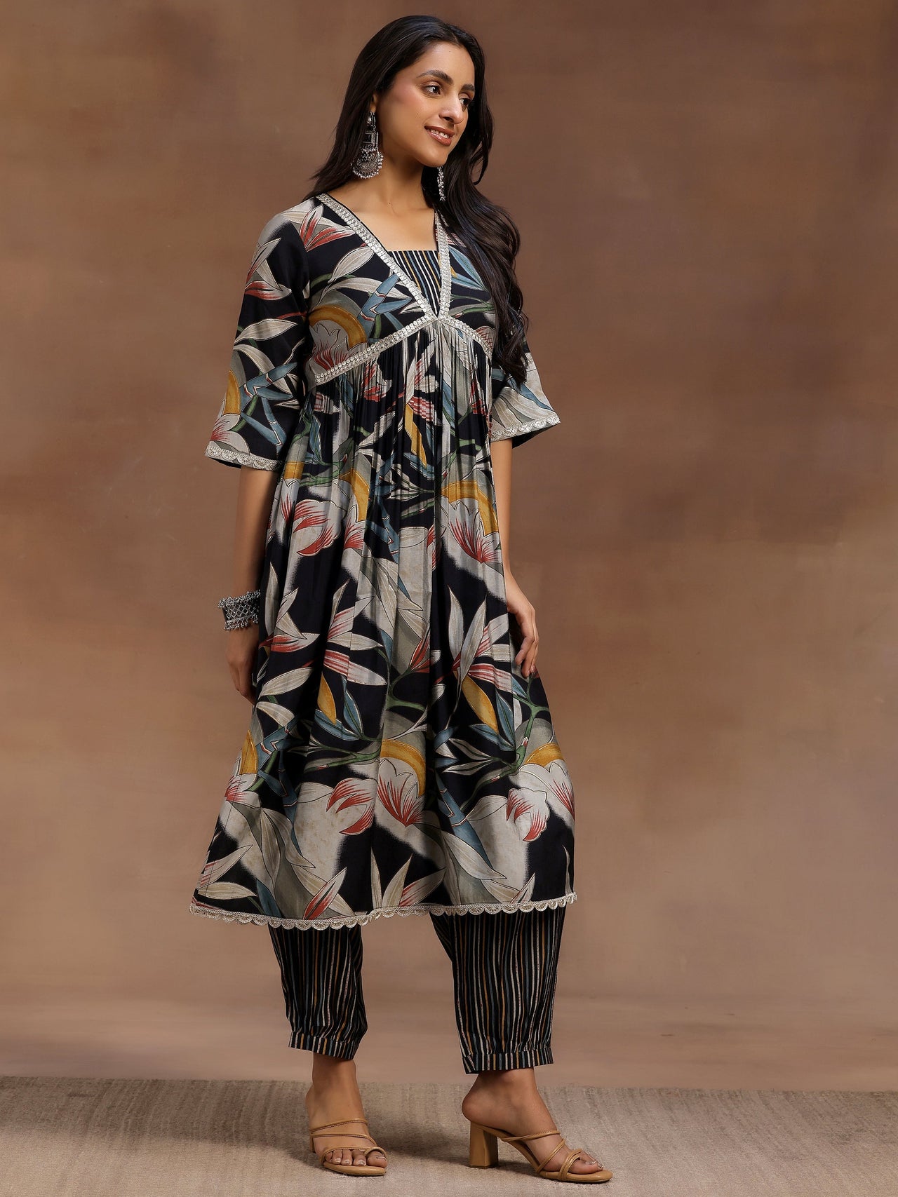 Black Printed Silk Blend A-Line Kurta with Salwar & Dupatta