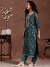 Teal Printed Silk Blend Straight Suit with Dupatta