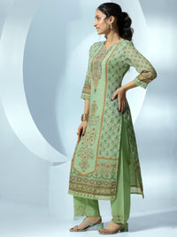 Green Printed Cotton Blend Straight Suit with Dupatta