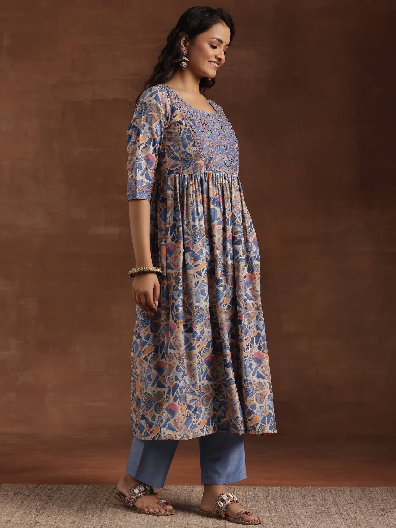 Blue Printed Silk Blend A-Line Kurta with Trousers & Dupatta