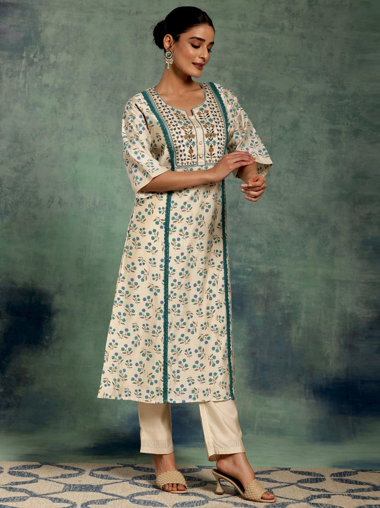 Beige Printed Chanderi Silk A-Line Kurta with Palazzos