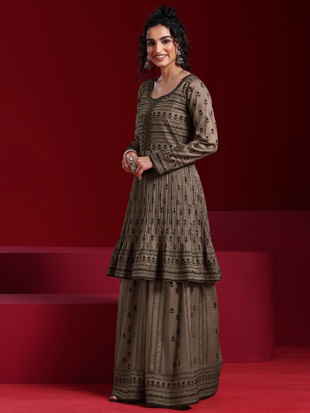 Libas Art Brown Embroidered Silk Blend A-Line Kurta with Sharara & Dupatta