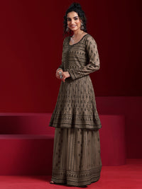 Libas Art Brown Embroidered Silk Blend A-Line Kurta with Sharara & Dupatta