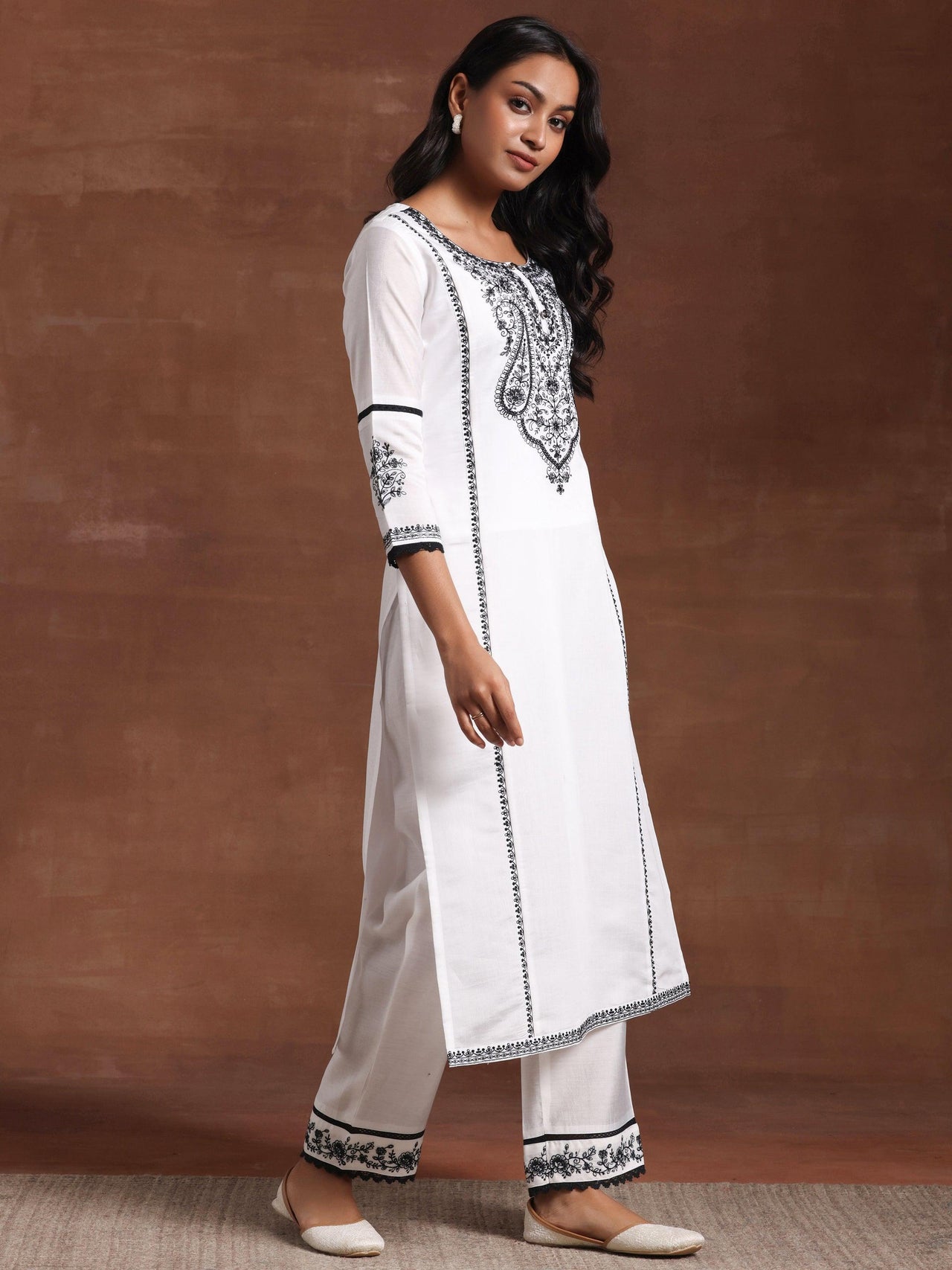 White Embroidered Silk Blend Straight Suit with Dupatta