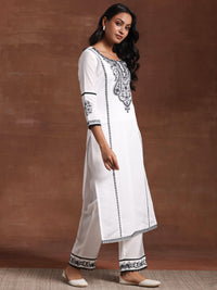 White Embroidered Silk Blend Straight Suit with Dupatta