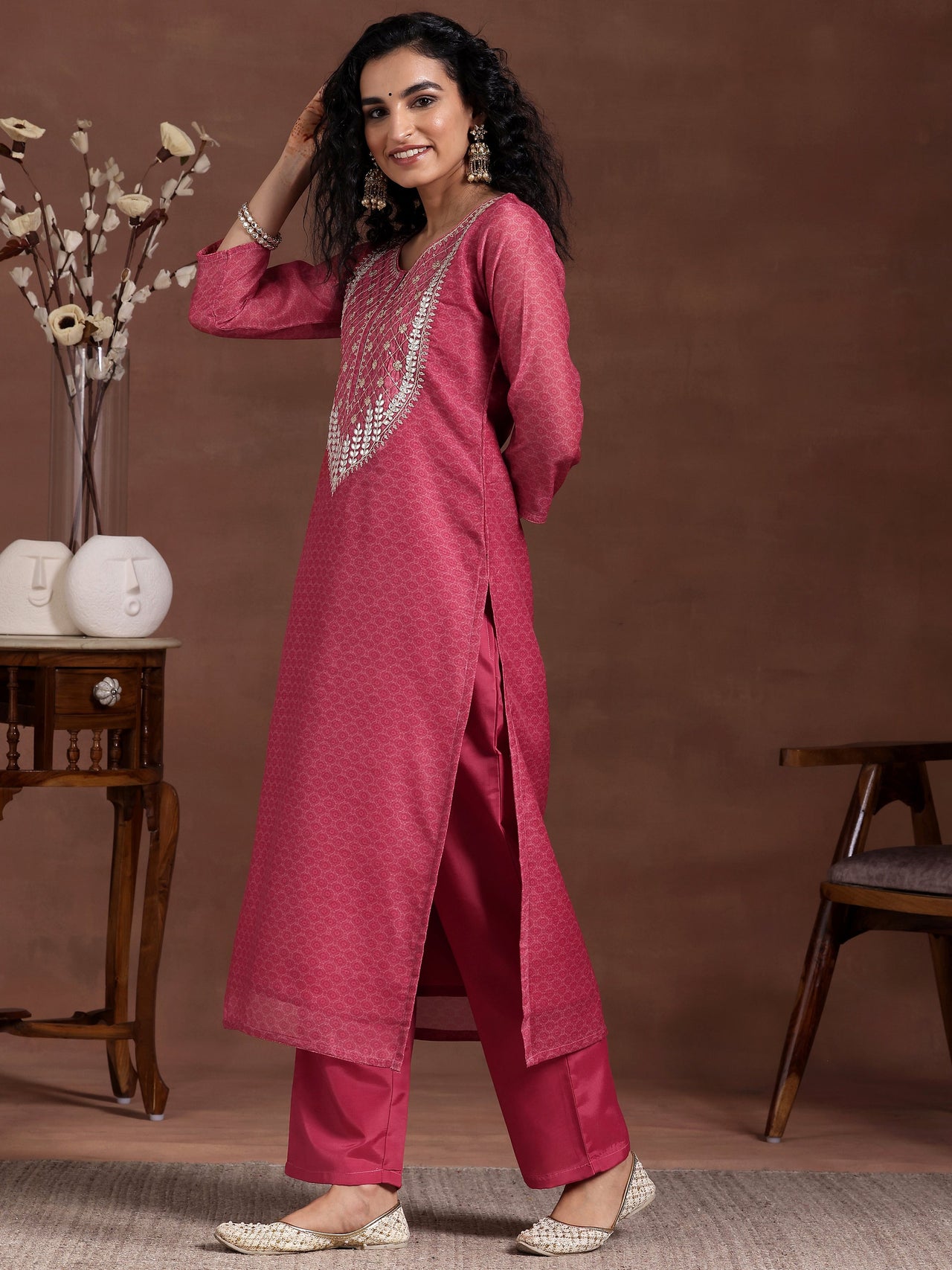 Pink Printed Silk Blend Straight Suit with Dupatta