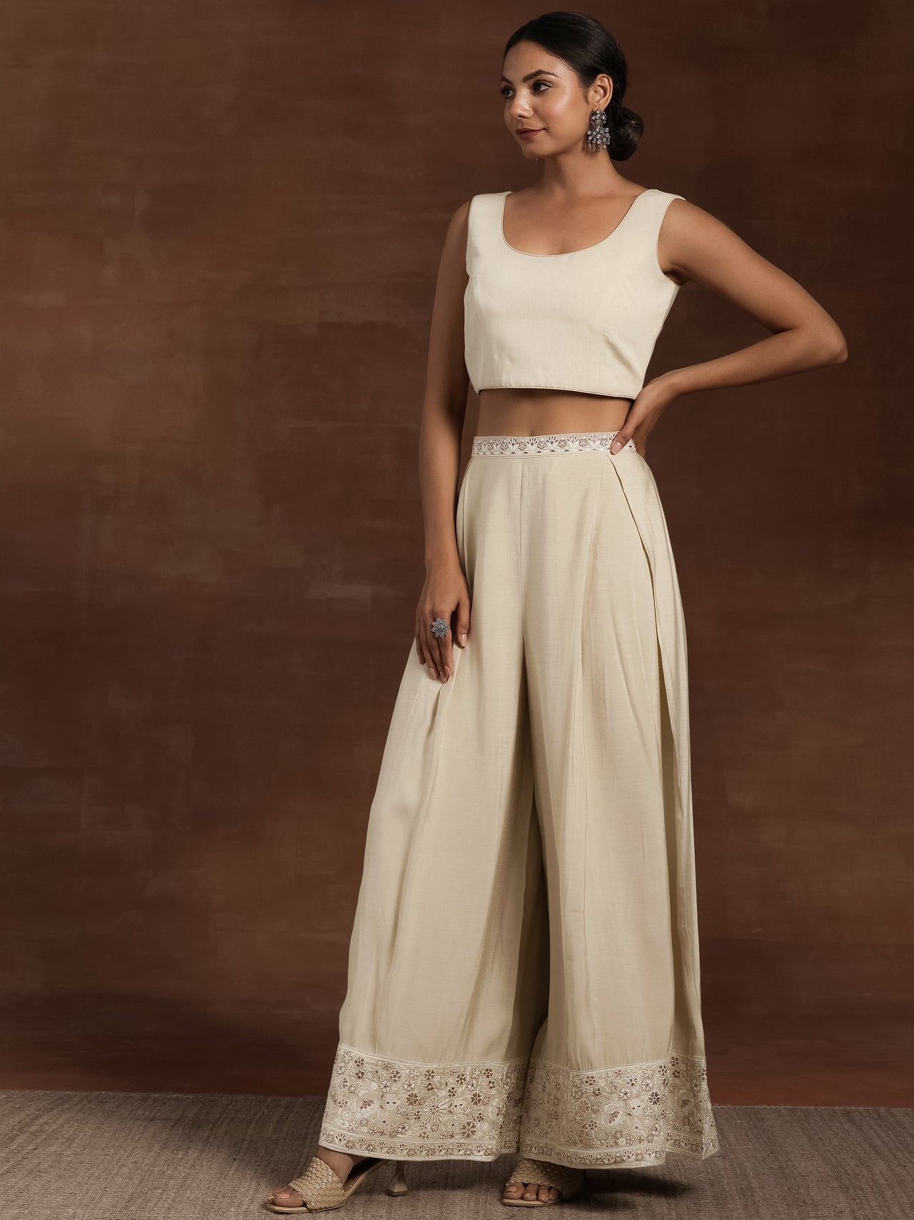 Libas Art Beige Solid Silk Blend 3 Piece Co-Ords