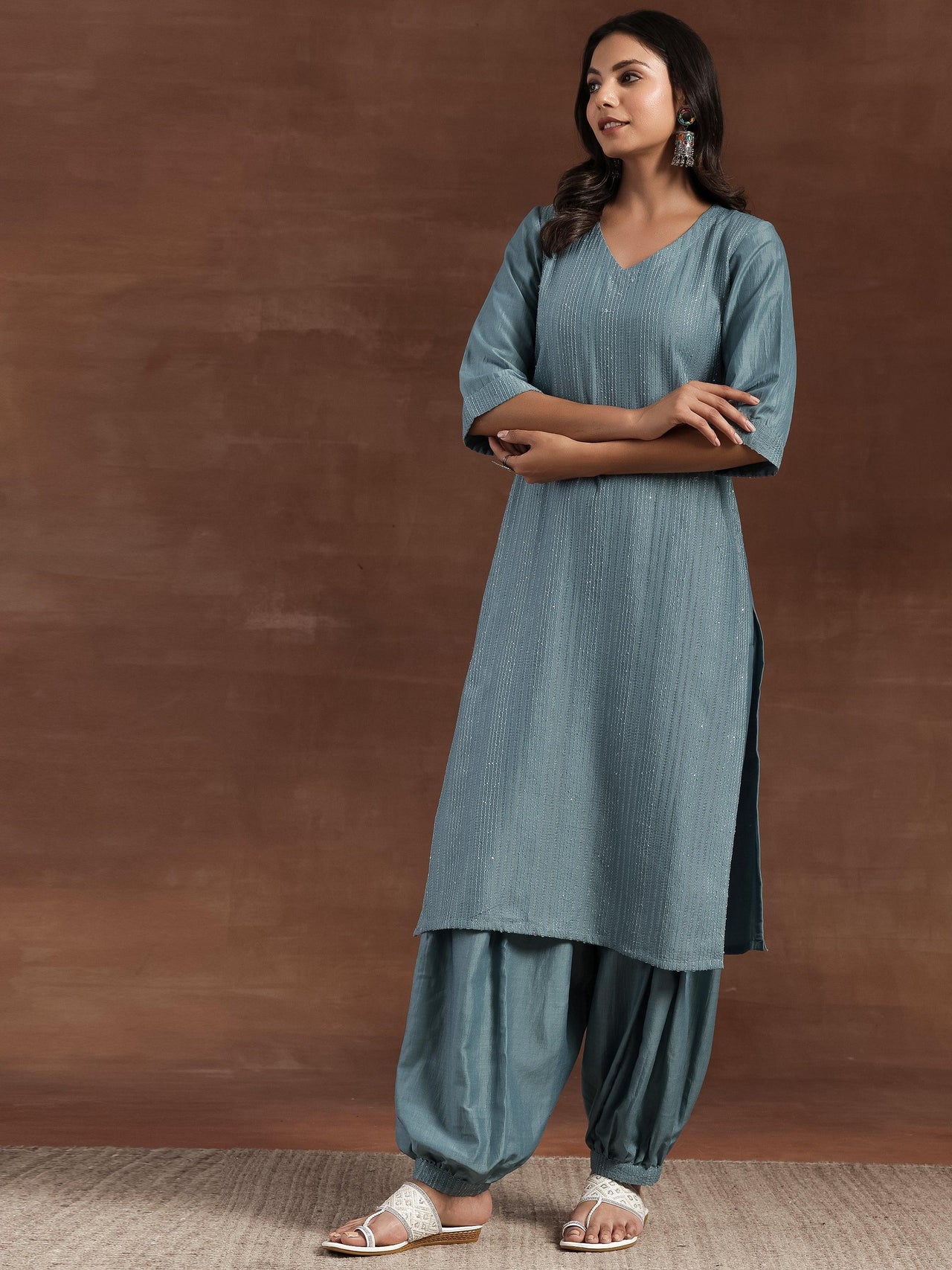 Grey Self Design Silk Blend Straight Suit with Dupatta