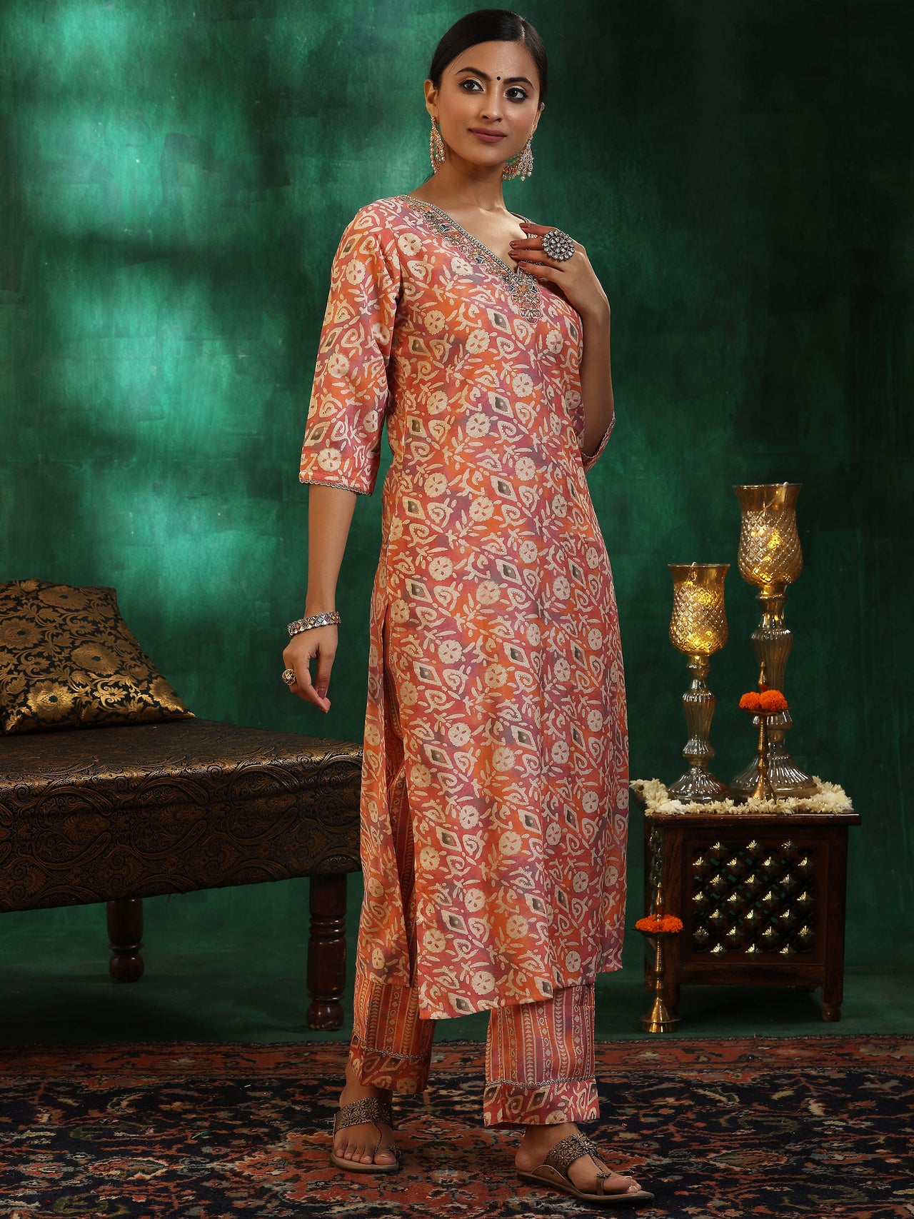 Peach Printed Silk Blend Straight Suit with Dupatta