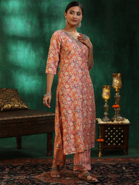 Peach Printed Silk Blend Straight Suit with Dupatta