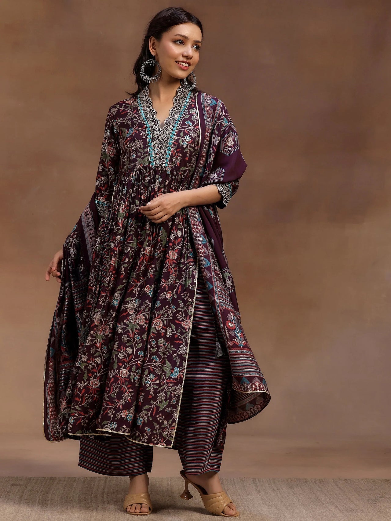 Burgundy Printed Silk Blend A-Line Kurta with Palazzos & Dupatta