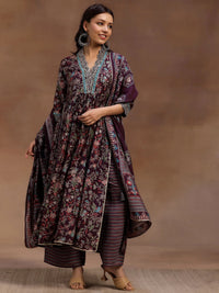 Burgundy Printed Silk Blend A-Line Kurta with Palazzos & Dupatta