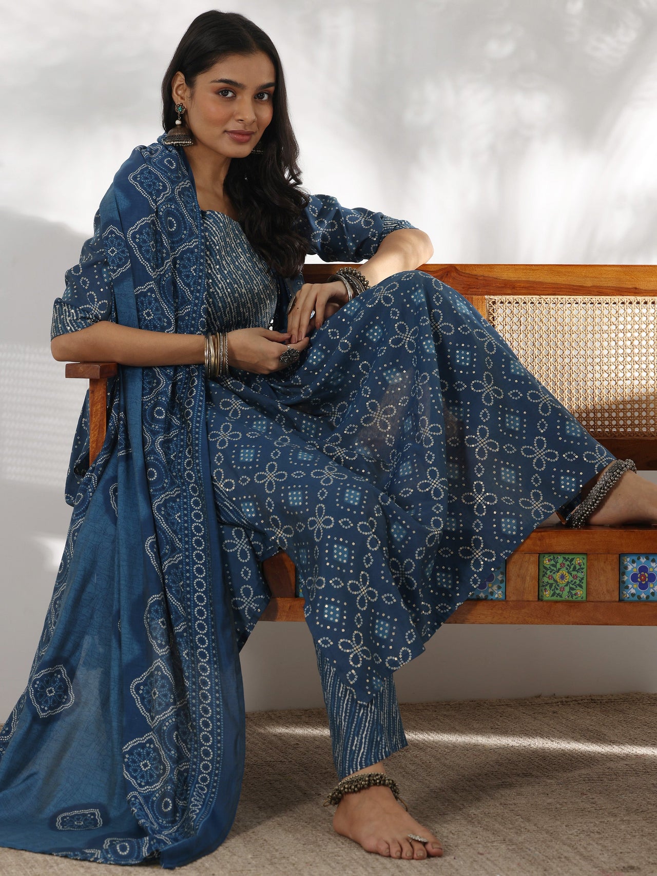 Blue Printed Silk Blend A-Line Kurta with Trousers & Dupatta