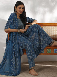 Blue Printed Silk Blend A-Line Kurta with Trousers & Dupatta