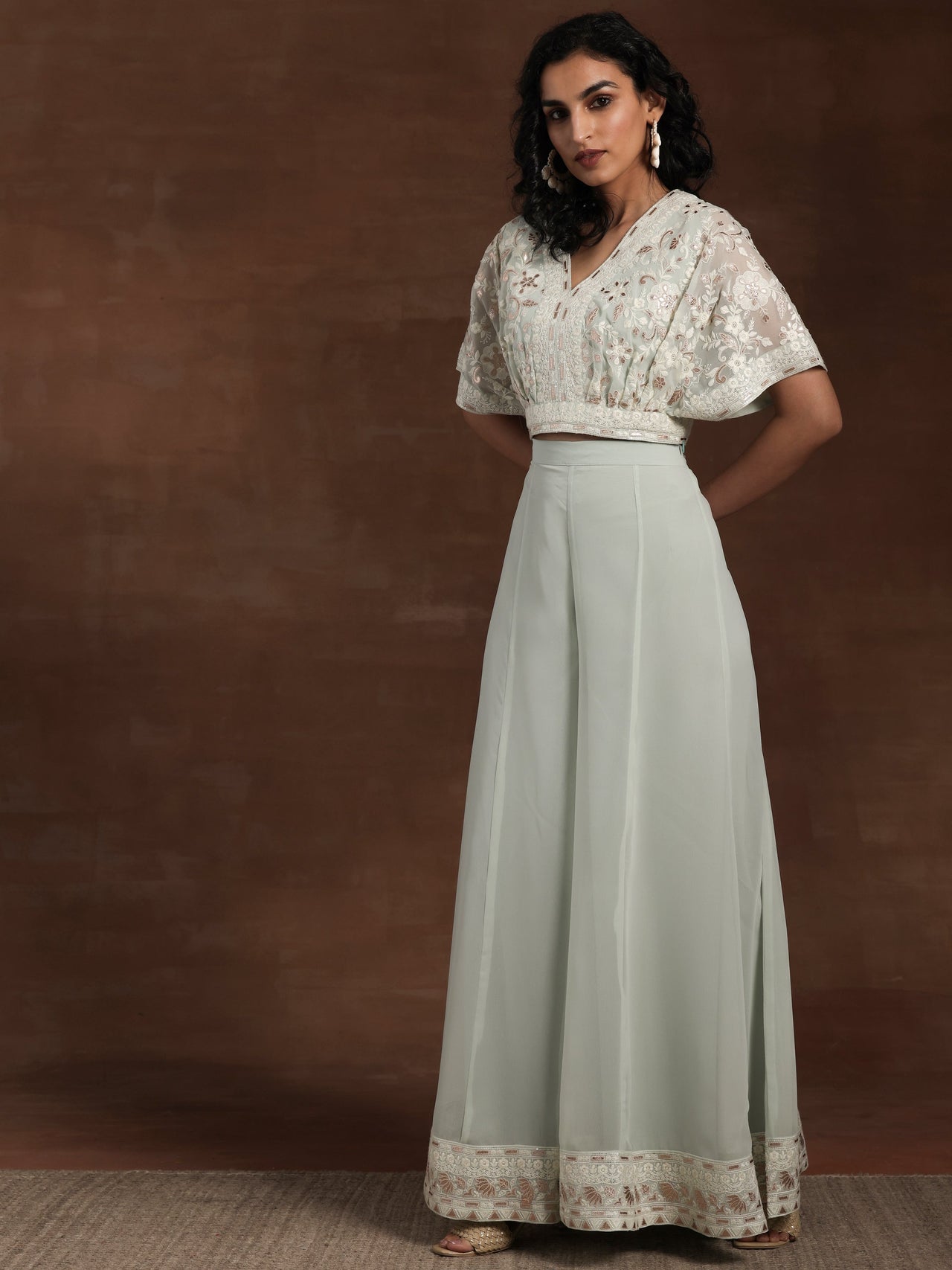 Libas Art Green Embroidered Georgette 3 Piece Co-Ords