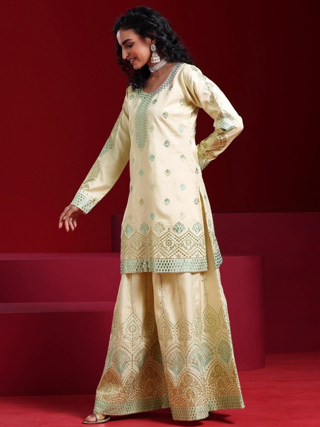 Libas Art Beige Embroidered Silk Blend Straight Suit with Dupatta