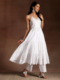 The Kiara Cut Suramya White Self Design Cotton A-Line Kurta with Trousers