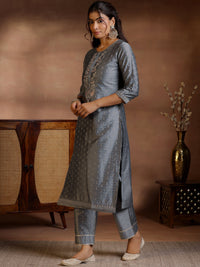 Grey Yoke Design Silk Blend Straight Suits with Dupatta