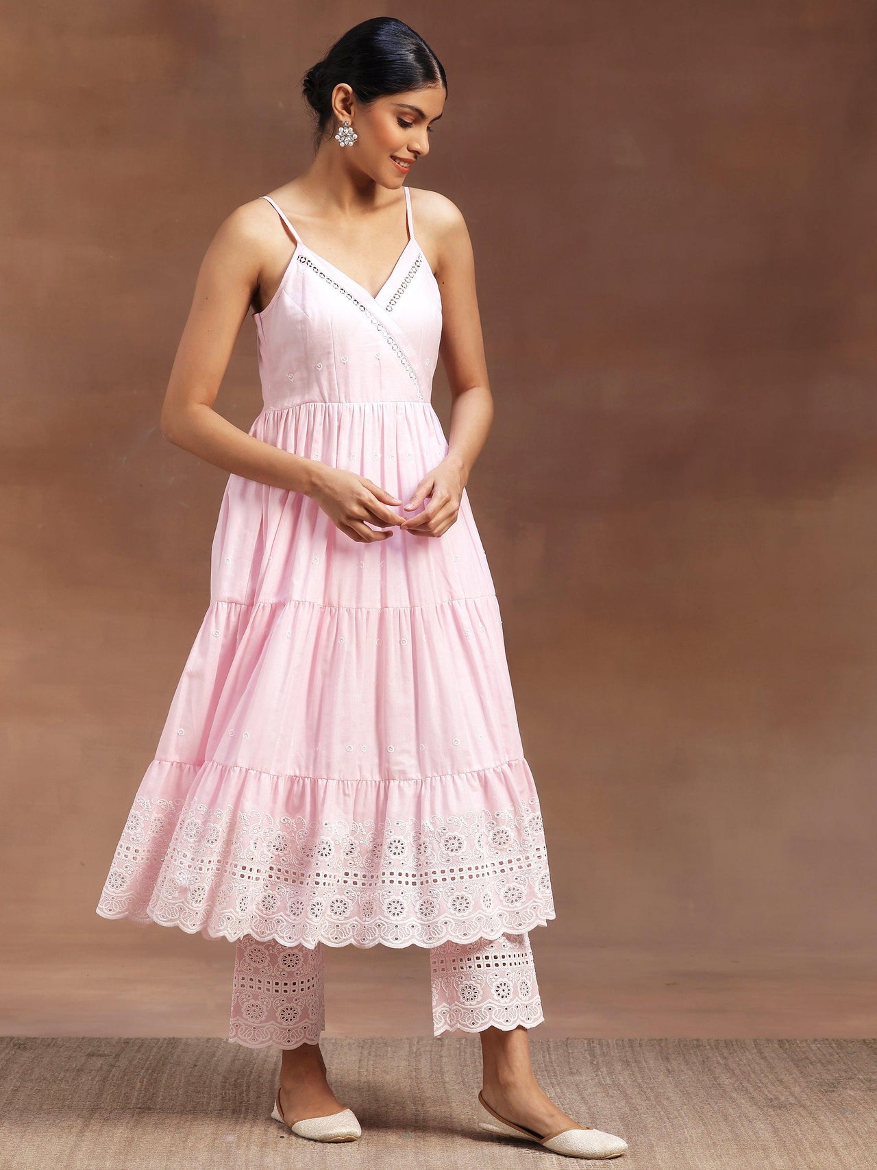 The Kiara Cut Pink Self Design Cotton Anarkali Kurta with Trousers
