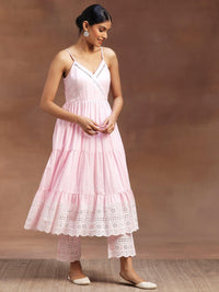 The Kiara Cut Pink Self Design Cotton Anarkali Kurta with Trousers