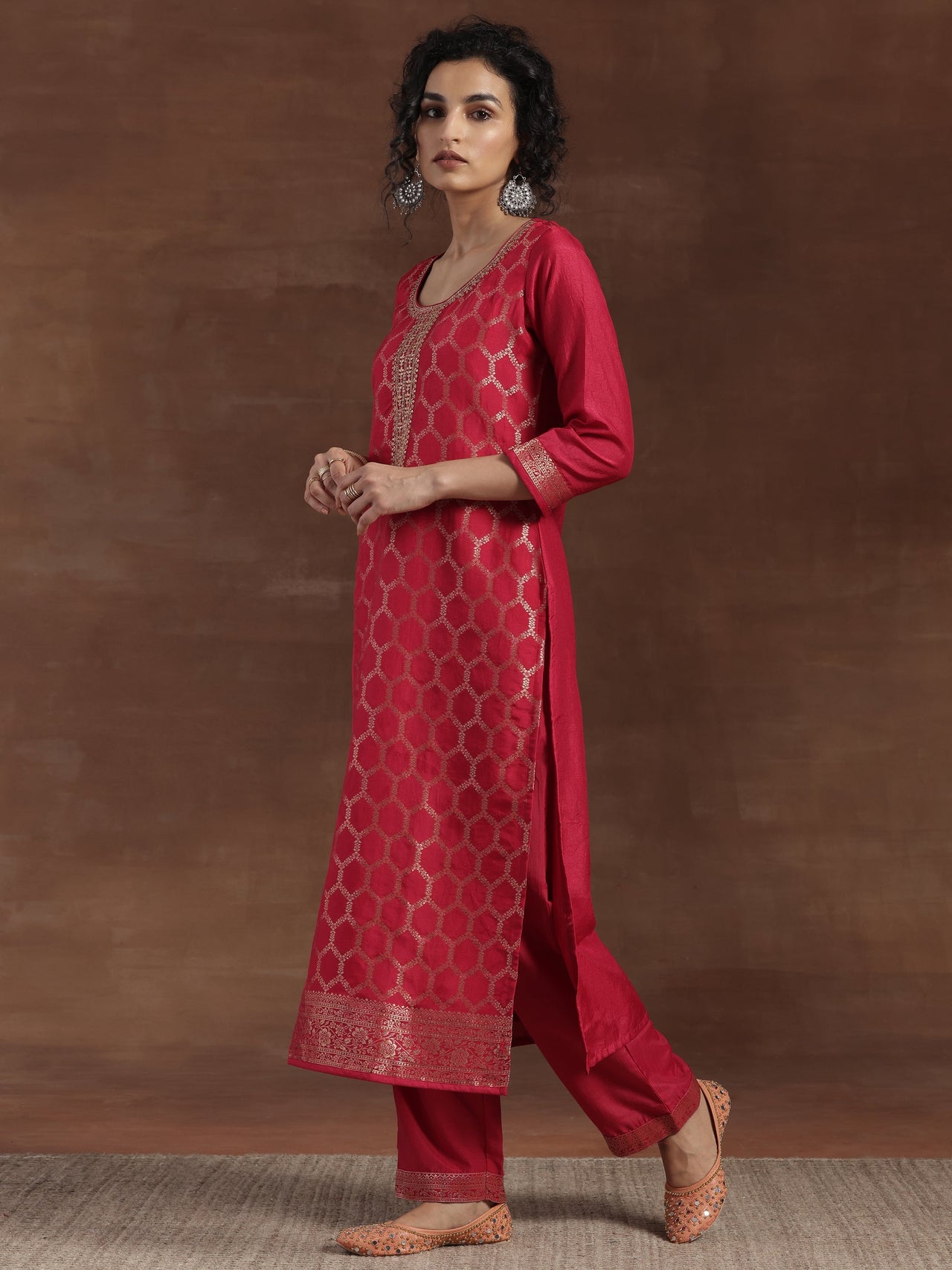 Pink Woven Design Silk Blend Straight Suit with Dupatta