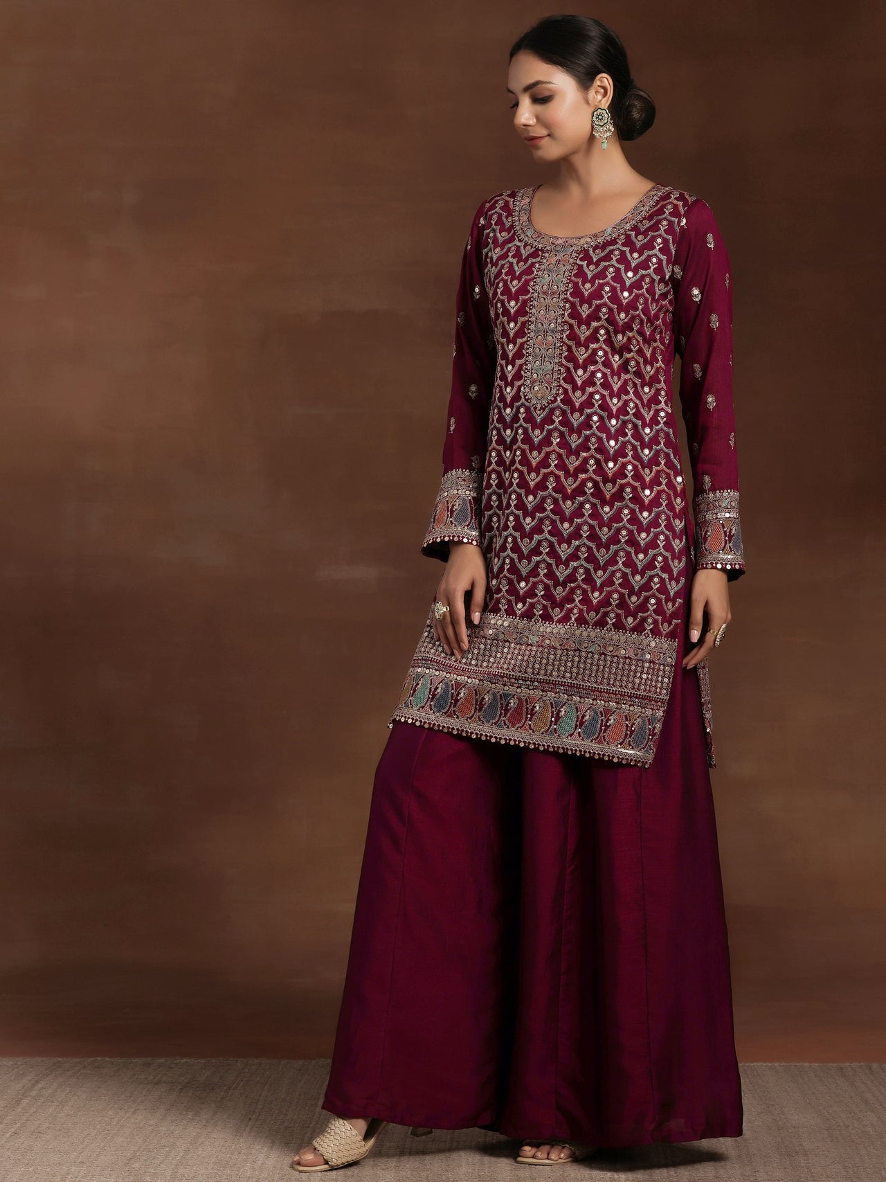 Adaa Wine Embroidered Silk Blend Straight Kurta with Palazzos & Dupatta