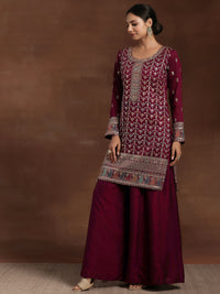Adaa Wine Embroidered Silk Blend Straight Kurta with Palazzos & Dupatta