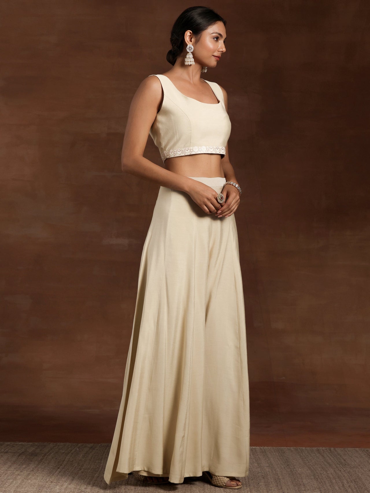 Libas Art Beige Solid Silk Blend 3 Piece Co-Ords