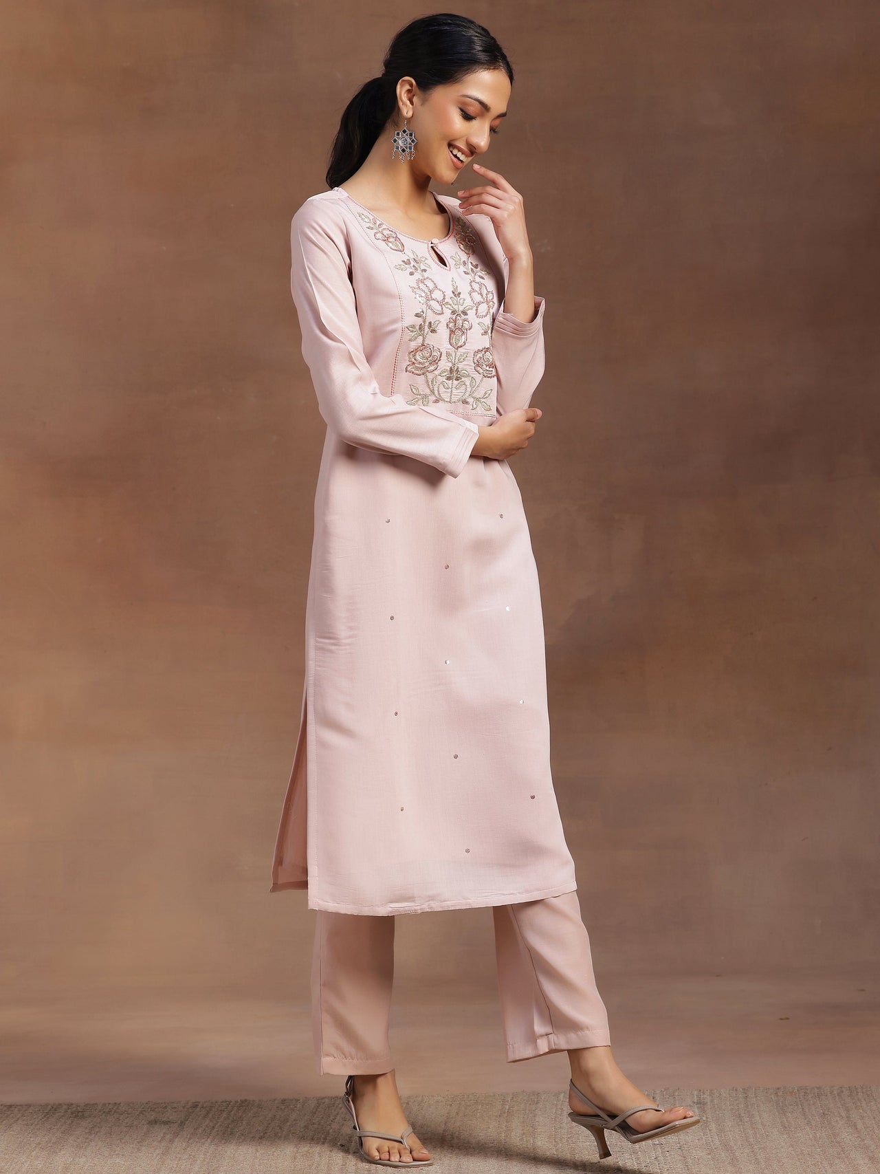 Peach Yoke Design Silk Blend Straight Suit with Dupatta