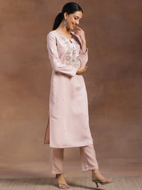 Peach Yoke Design Silk Blend Straight Suit with Dupatta