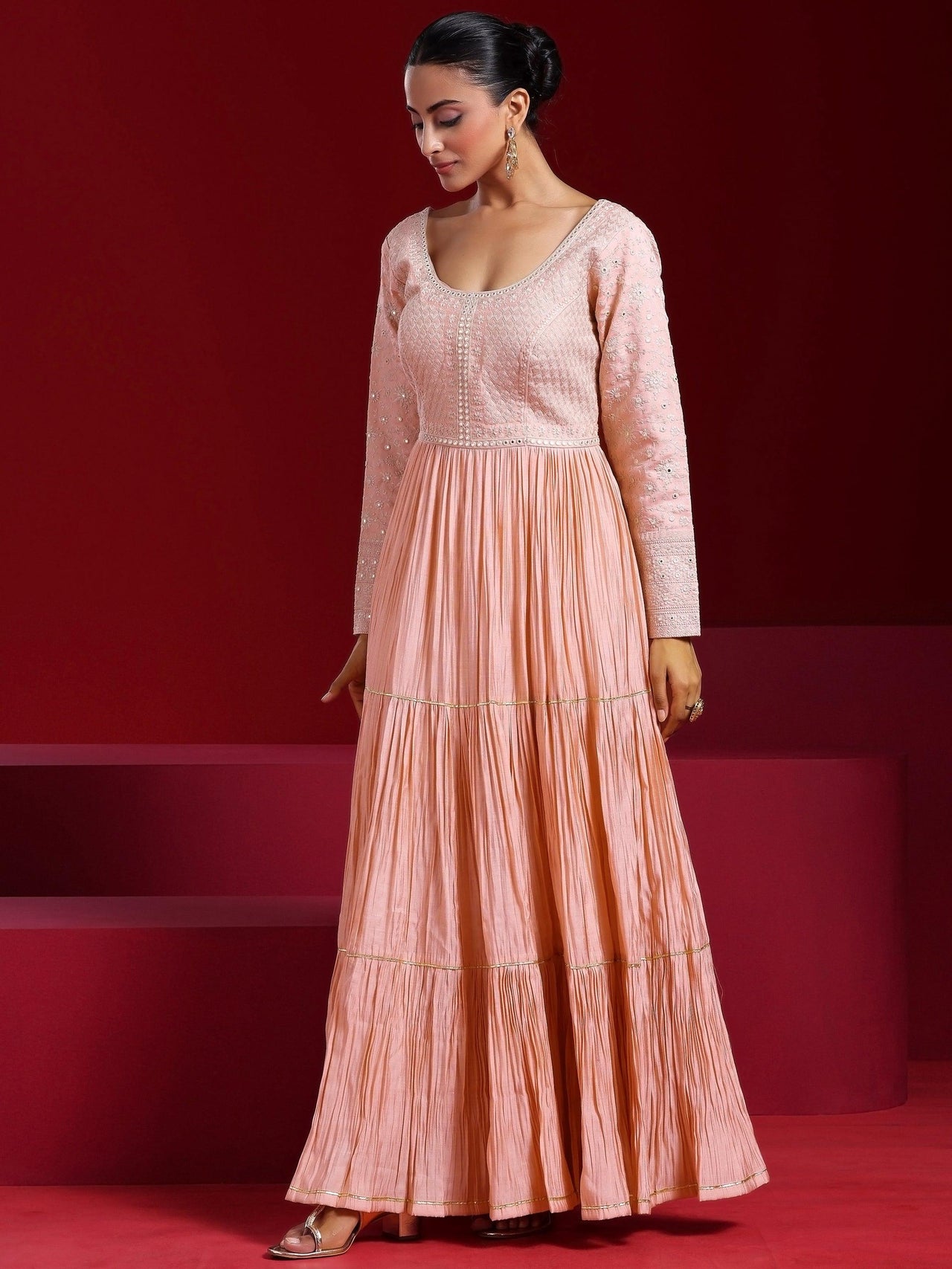 Libas Art Peach Embroidered Cotton Blend A-Line Kurta with Trousers & Dupatta