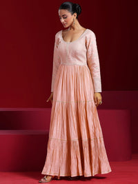 Libas Art Peach Embroidered Cotton Blend A-Line Kurta with Trousers & Dupatta