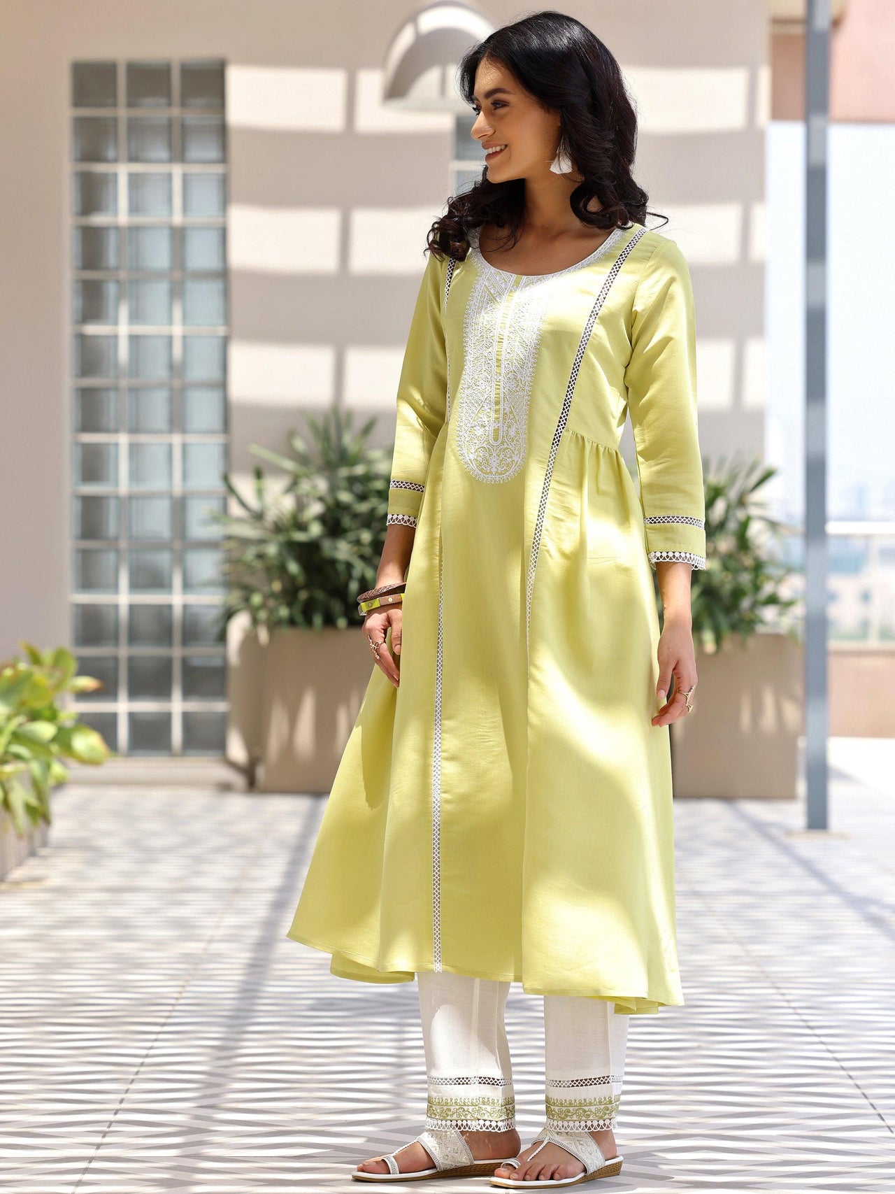 Green Embroidered Silk Blend A-Line Kurta with Trousers & Dupatta