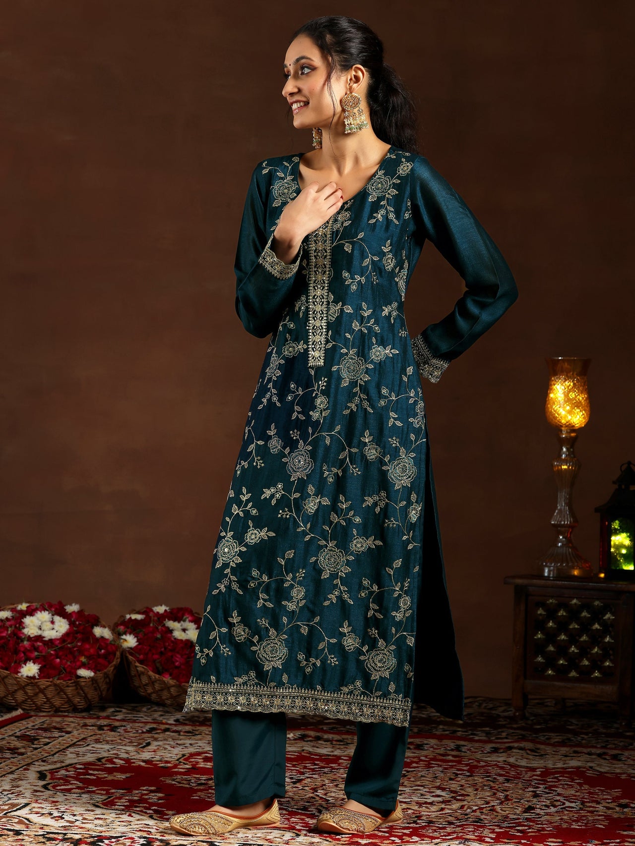 Teal Embroidered Silk Blend Straight Suit with Dupatta