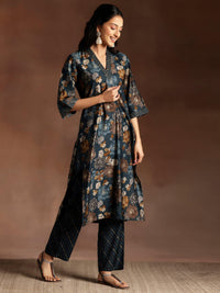 Blue Printed Silk Blend Straight Suit with Dupatta