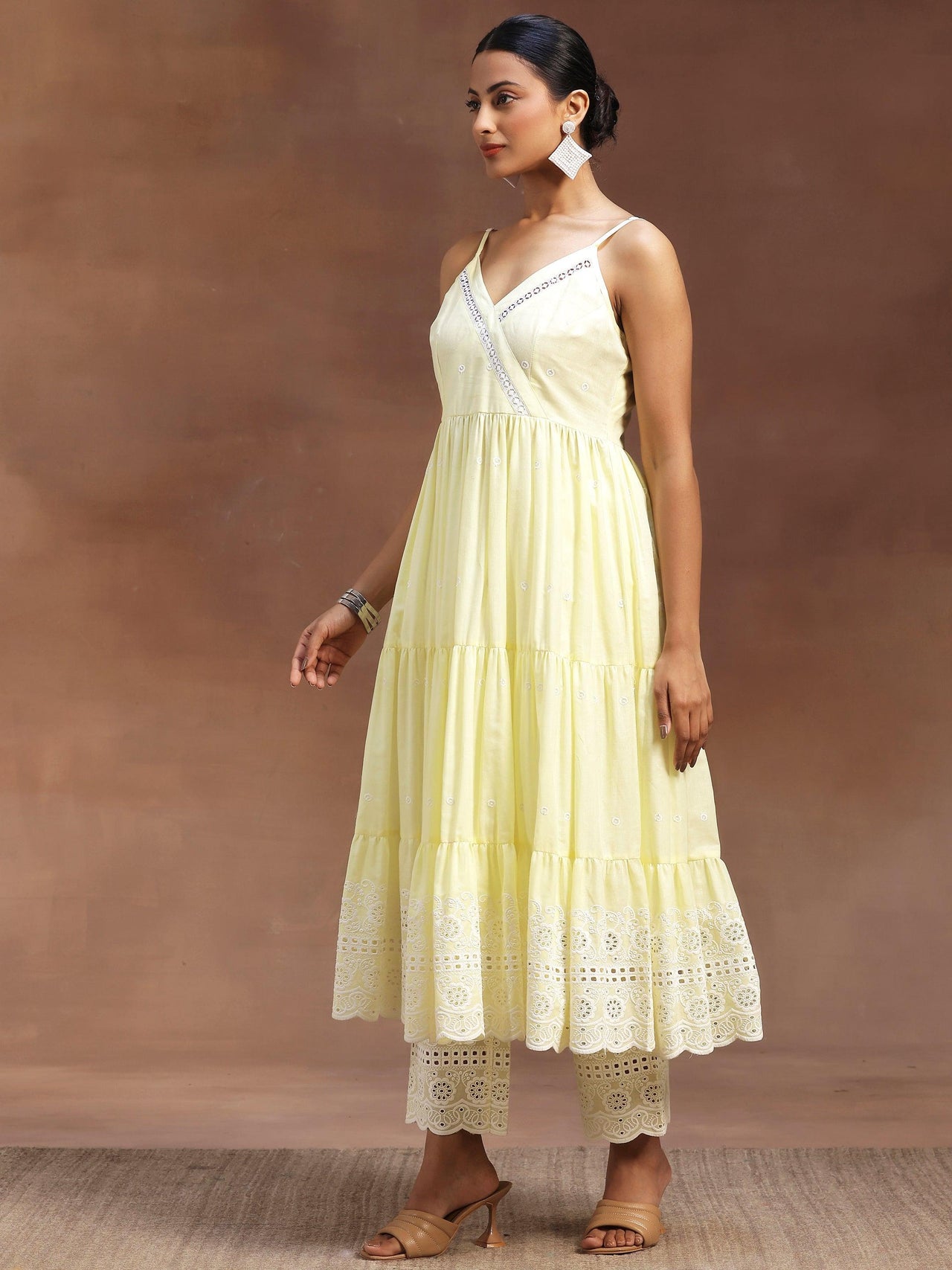 The Kiara Cut Yellow Self Design Cotton Anarkali Kurta with Trousers