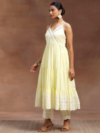 The Kiara Cut Yellow Self Design Cotton Anarkali Kurta with Trousers