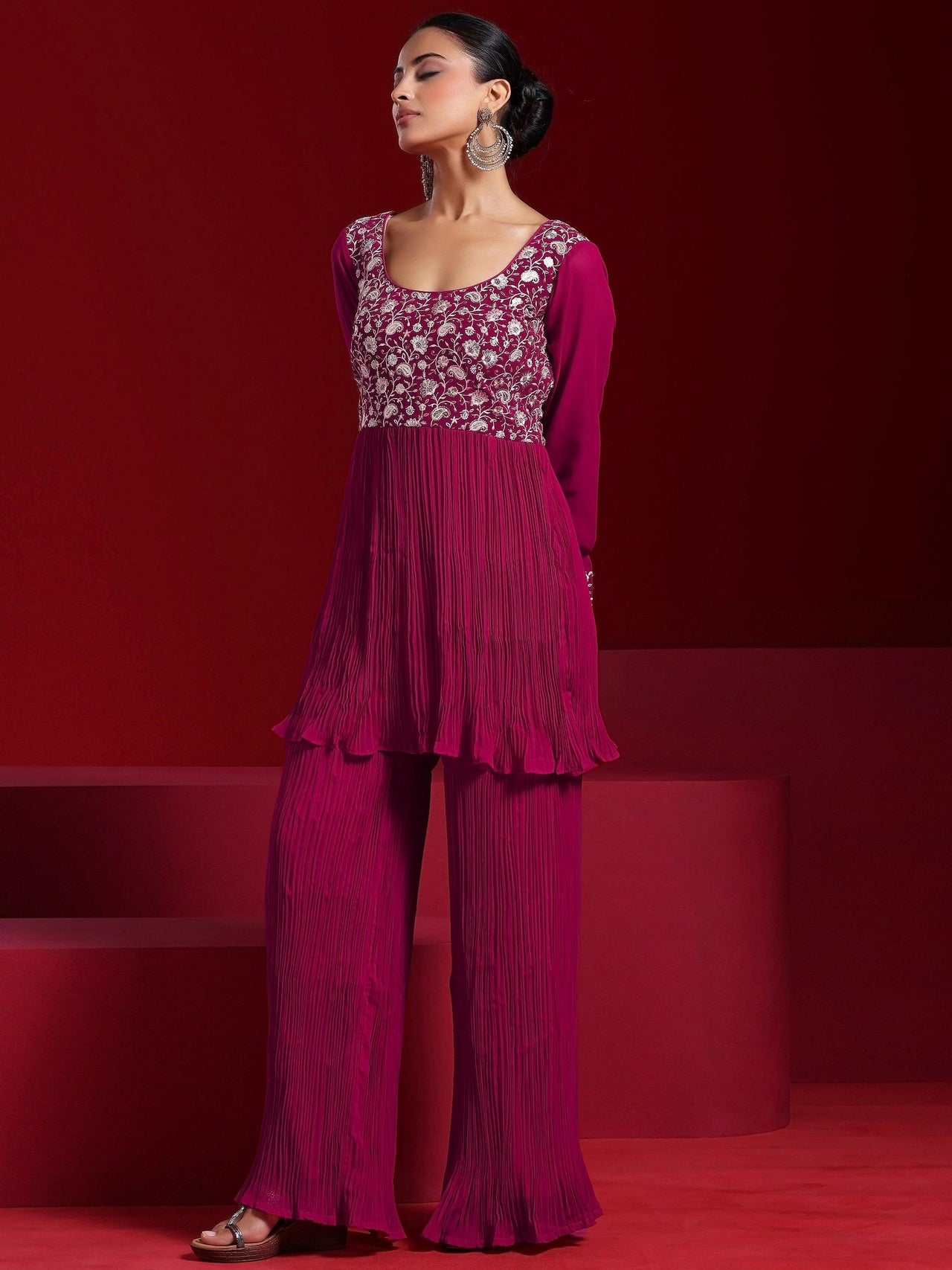 Libas Art Pink Embroidered Georgette A-Line Kurta with Sharara & Dupatta