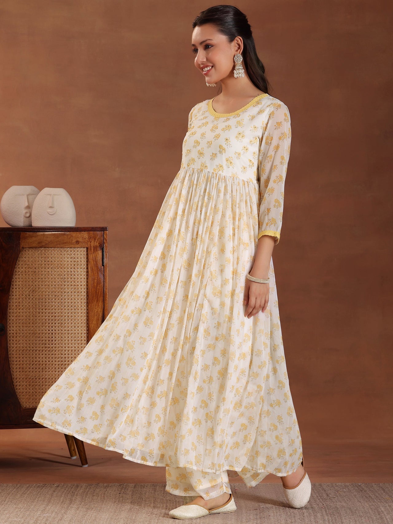 Off White Printed Poly Chiffon A-Line Kurta with Trousers & Dupatta