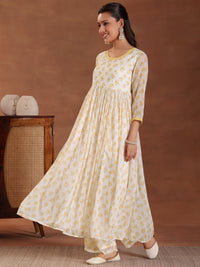 Off White Printed Poly Chiffon A-Line Kurta with Trousers & Dupatta
