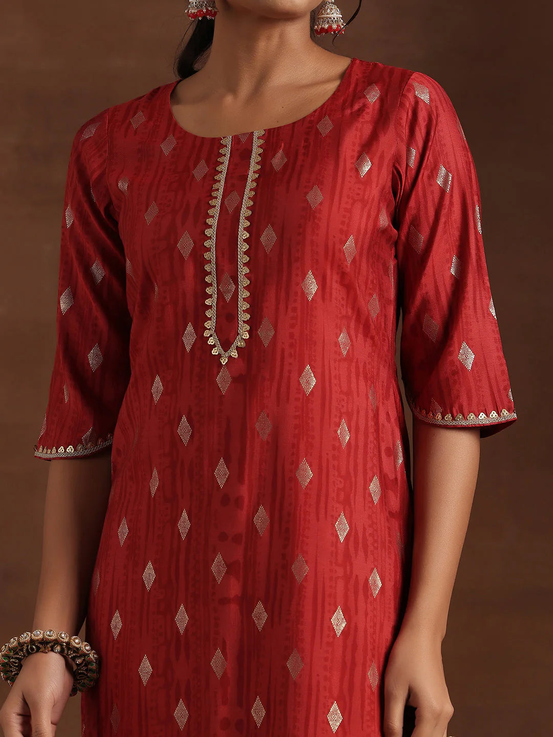 Red Woven Design Silk Blend Straight Suit with Dupatta