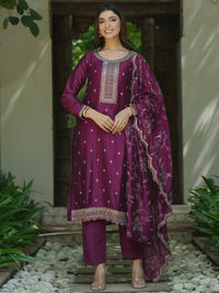 Wine Embroidered Silk Blend Straight Suit with Dupatta