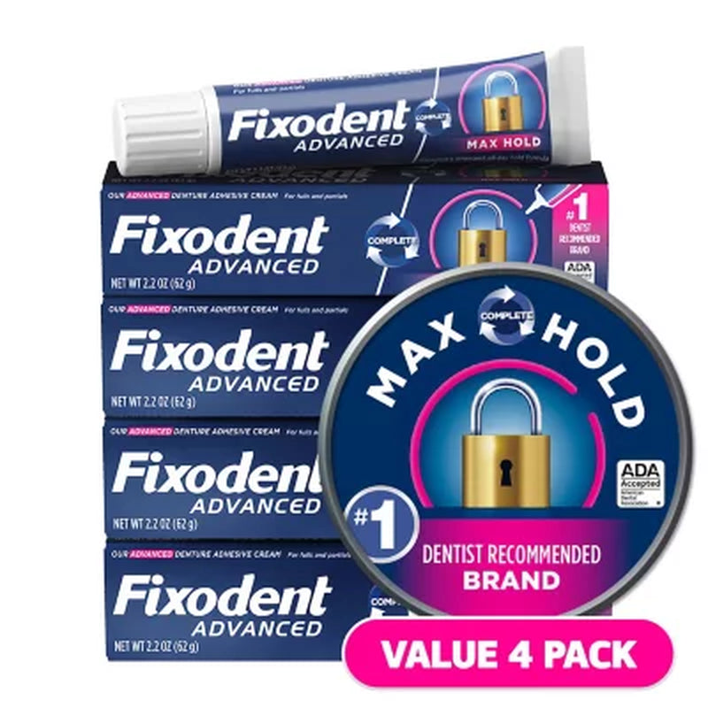 Fixodent Advanced Denture Adhesive, Max Hold, 2.2 Oz., 4 Pk.