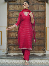 Pink Self Design Silk Blend Straight Suit with Dupatta