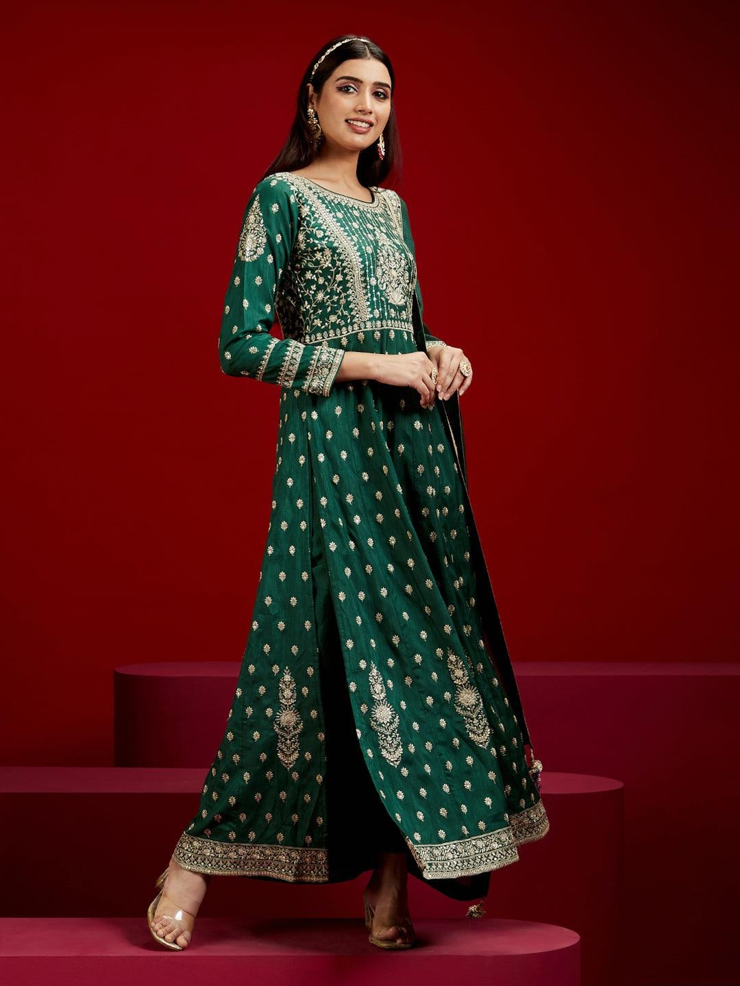 Libas Art Bottle Green Embroidered Silk A-Line Kurta with Trousers & Dupatta