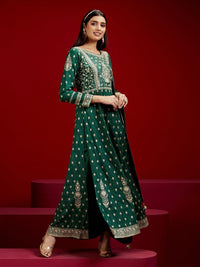 Libas Art Bottle Green Embroidered Silk A-Line Kurta with Trousers & Dupatta